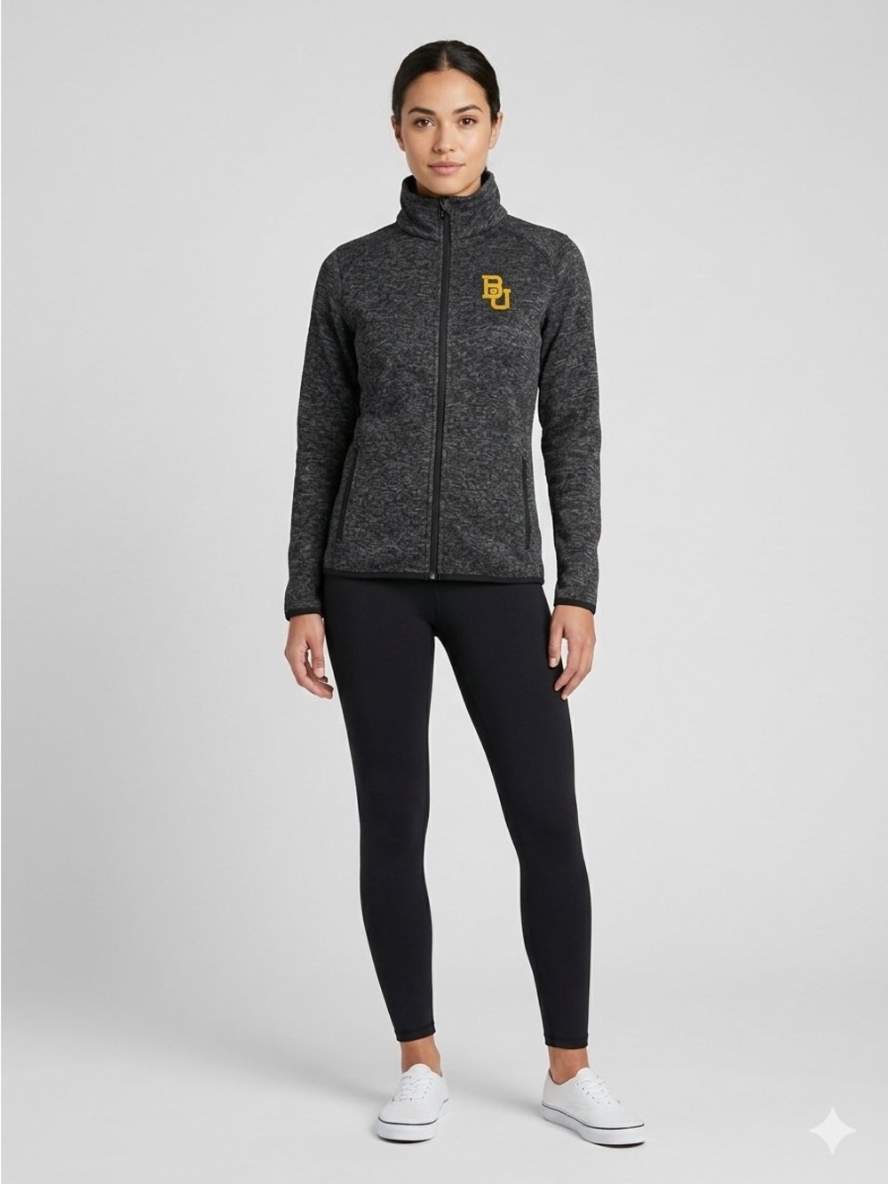 Port Authority Dark Heather Gray Full-Zip Varsity Jacket with Yellow BU Patch